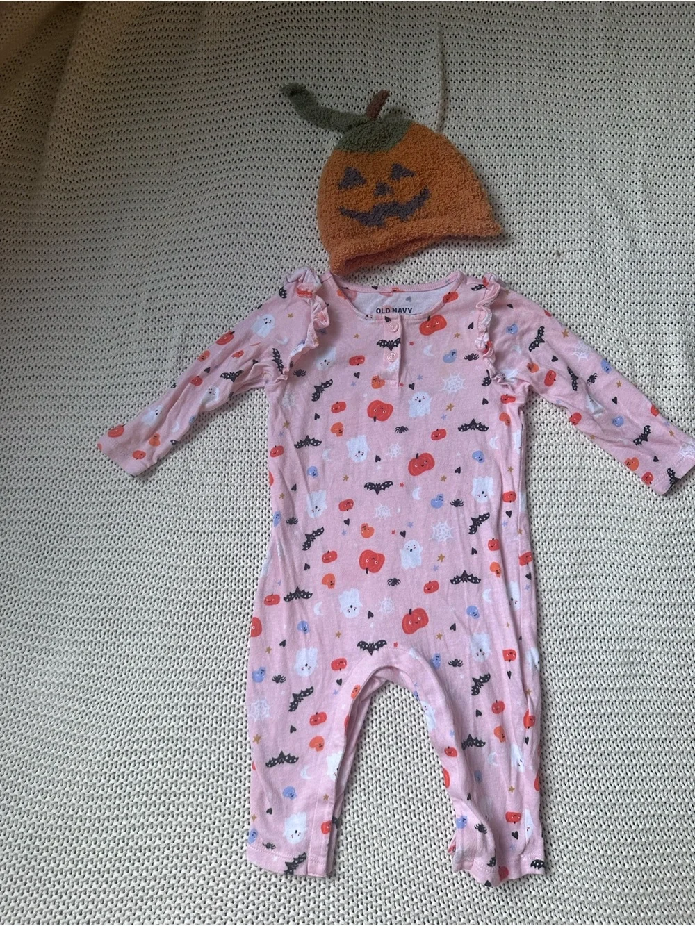 6-12 Months Pink Halloween Print Romper with Snaps + Pumpkin Hat